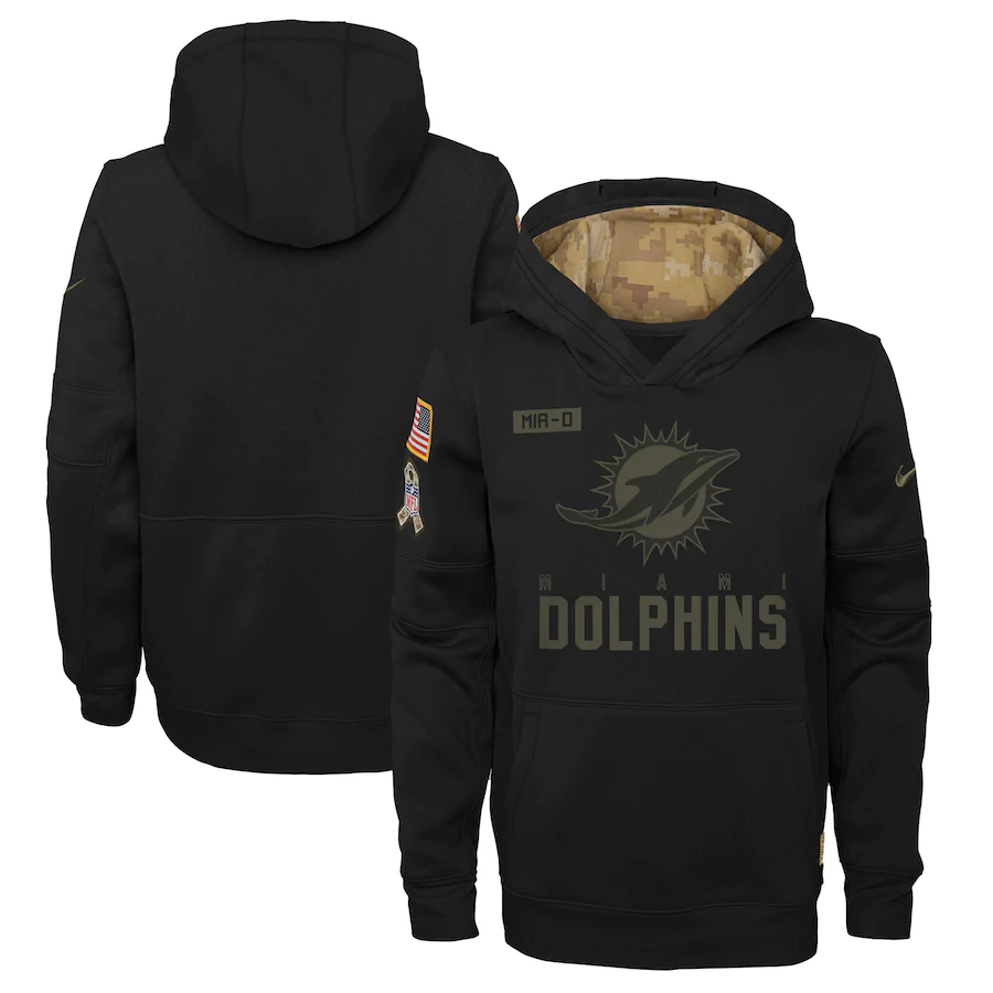 Youth Miami Dolphins 2020 Black Salute to Service Sideline Performance Pullover Hoodie